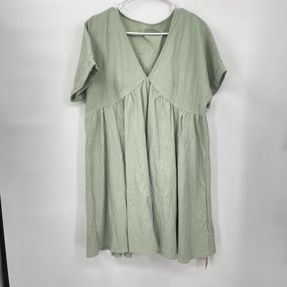 SHEIN L Frenchy Babydoll Dress Womens Sage Green Cotton V-Neck Short Sleeve NEW